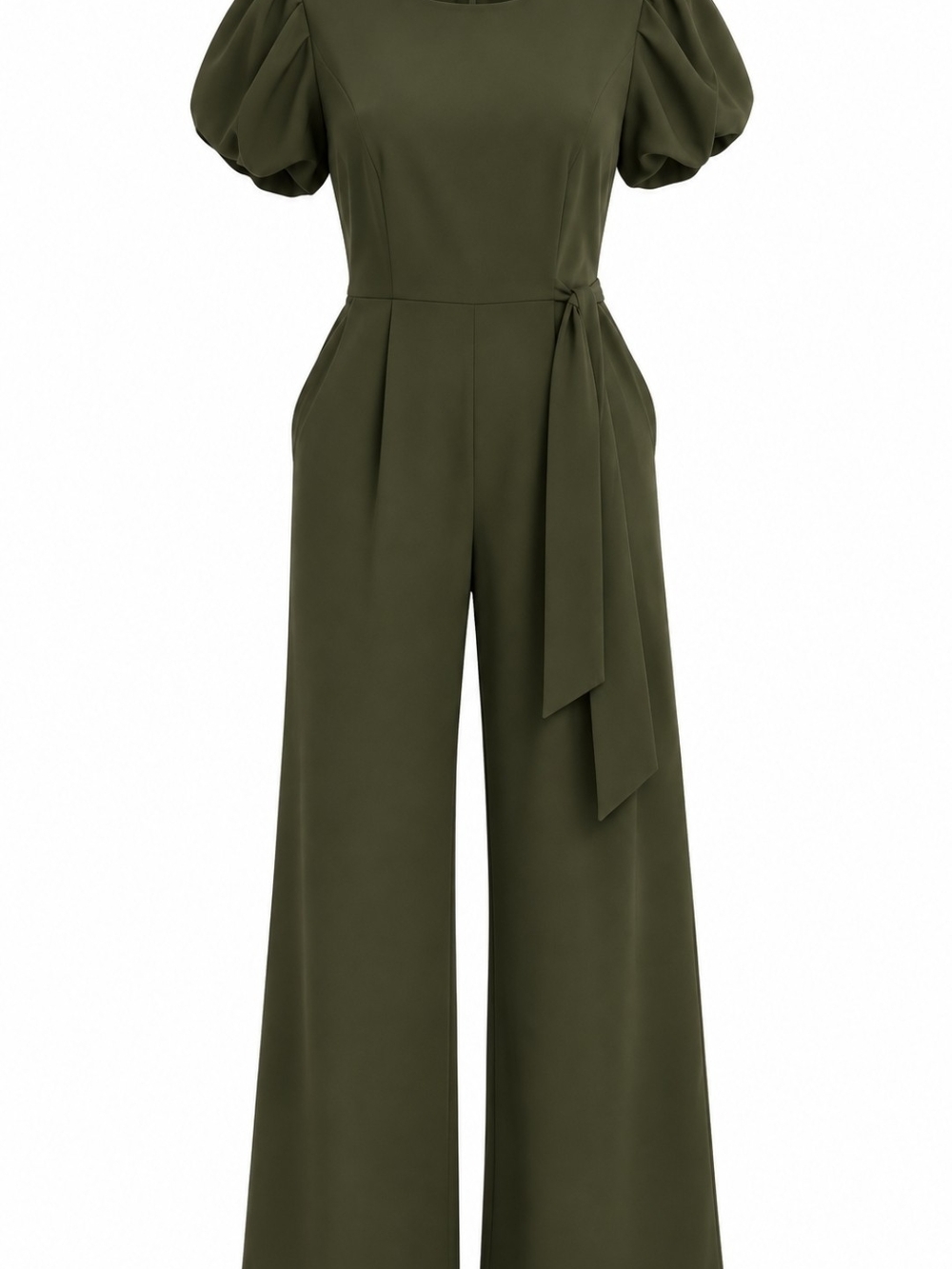 Calvin Klein Olive Green Puff-Sleeve Wide-Leg Jumpsuit with Side Sash